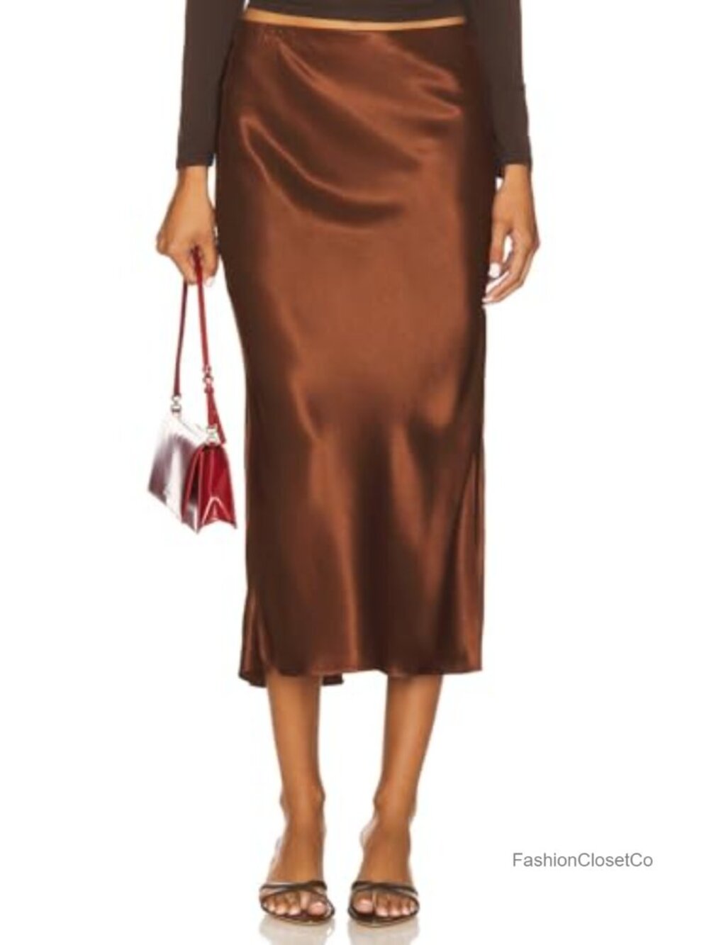 Satin High Waist Midi Skirt with Side Slit Zipper Elastic Waistband Business